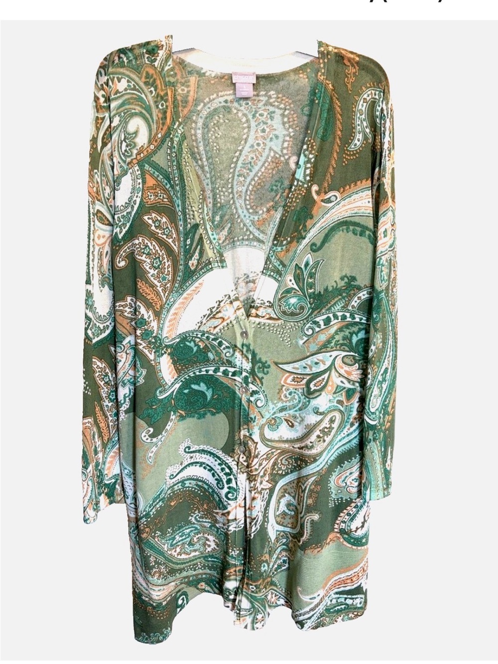 Chico’s Paisley Duster Cardigan Sweater Size 3 XL Green Lightweight Knit